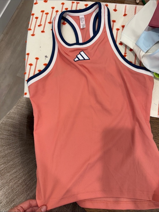 adidas Tops - adidas Coral/Pink Racerback Tank with Navy Trim